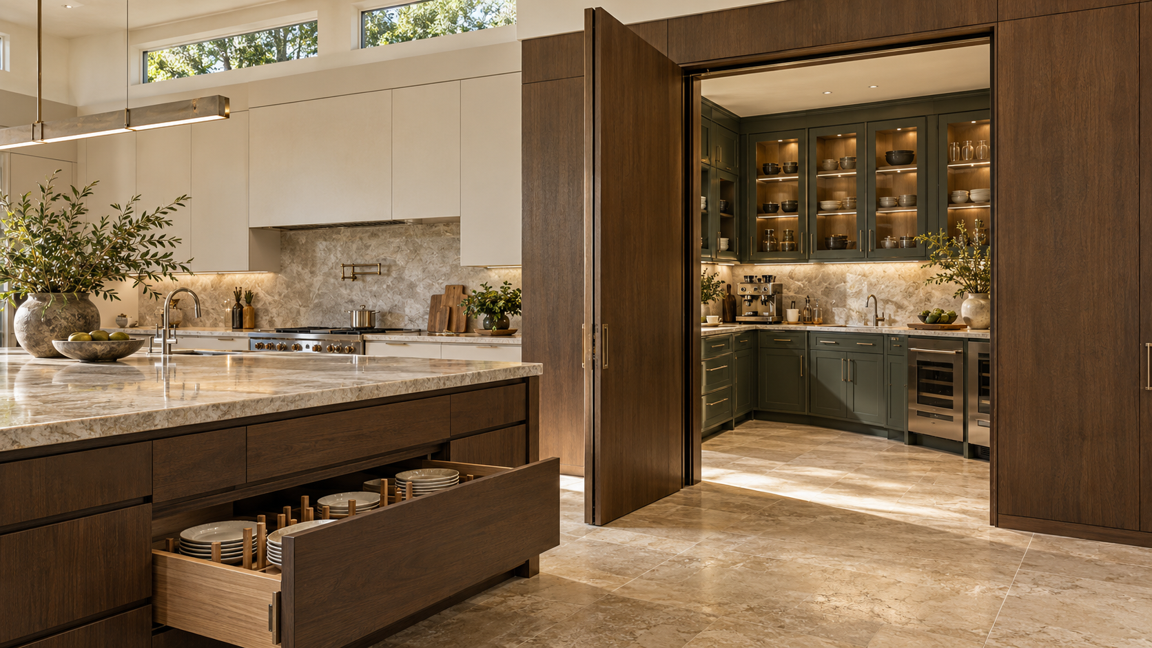 Hidden scullery concept with integrated walnut storage