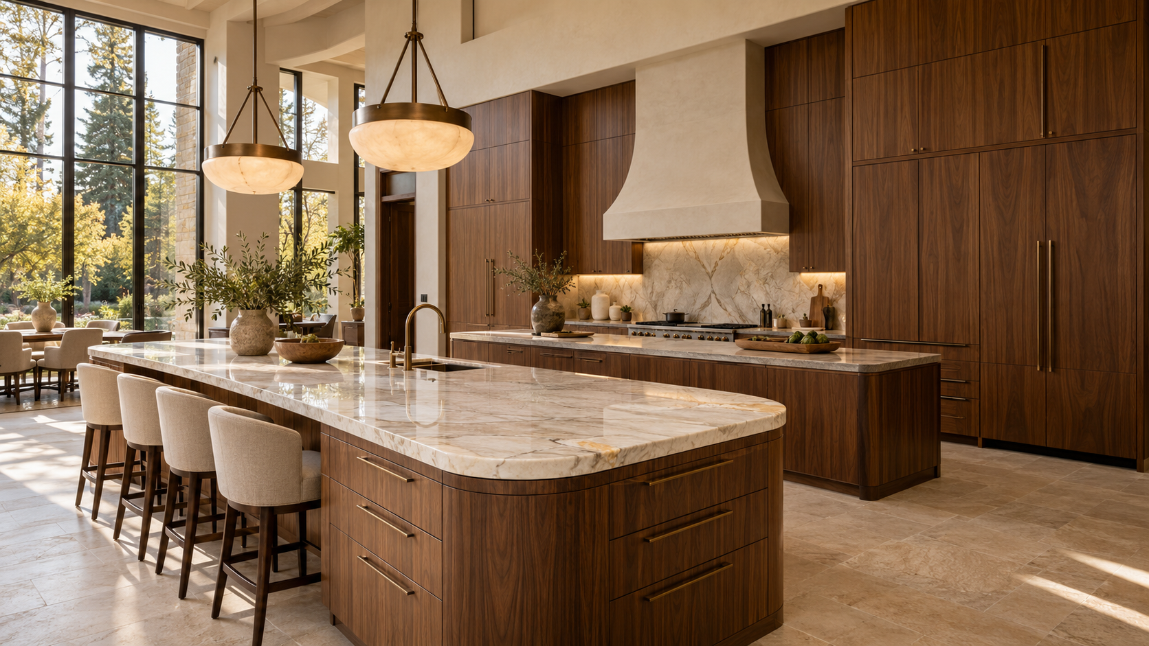 Grand kitchen design concept with dark wood cabinetry and a marble island