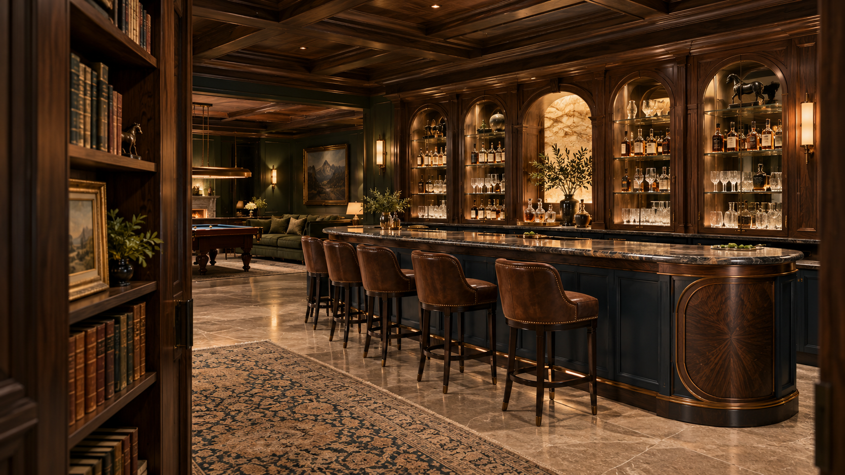 Concealed private speakeasy concept with a curved dark wood bar