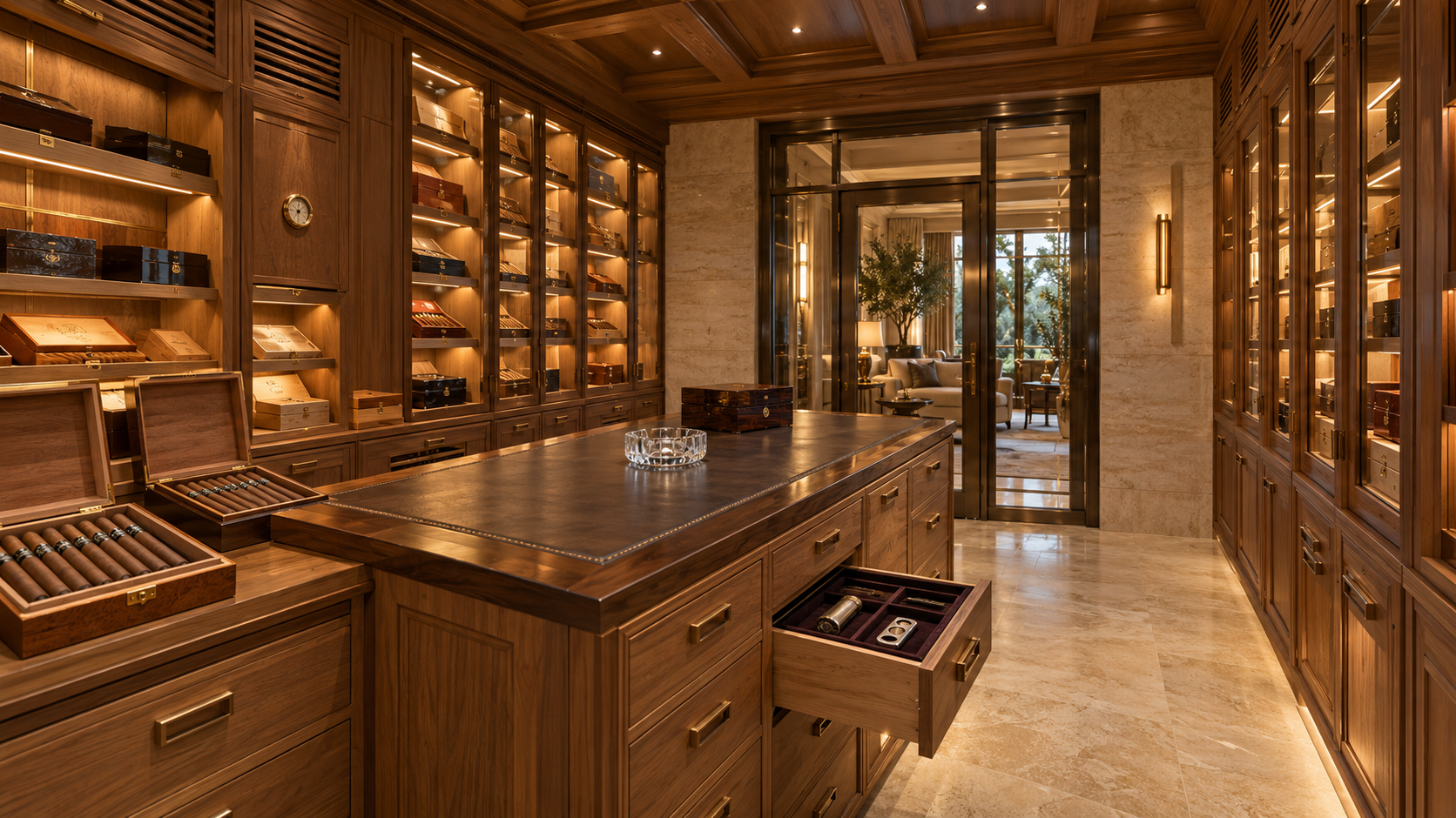 Walk-in cigar humidor concept with glass-front cabinetry
