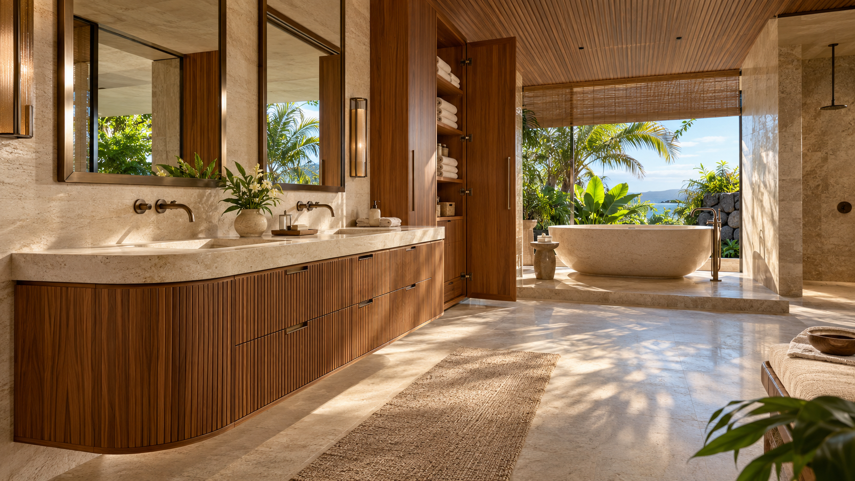 Oceanfront spa bathroom concept with curved wood vanity