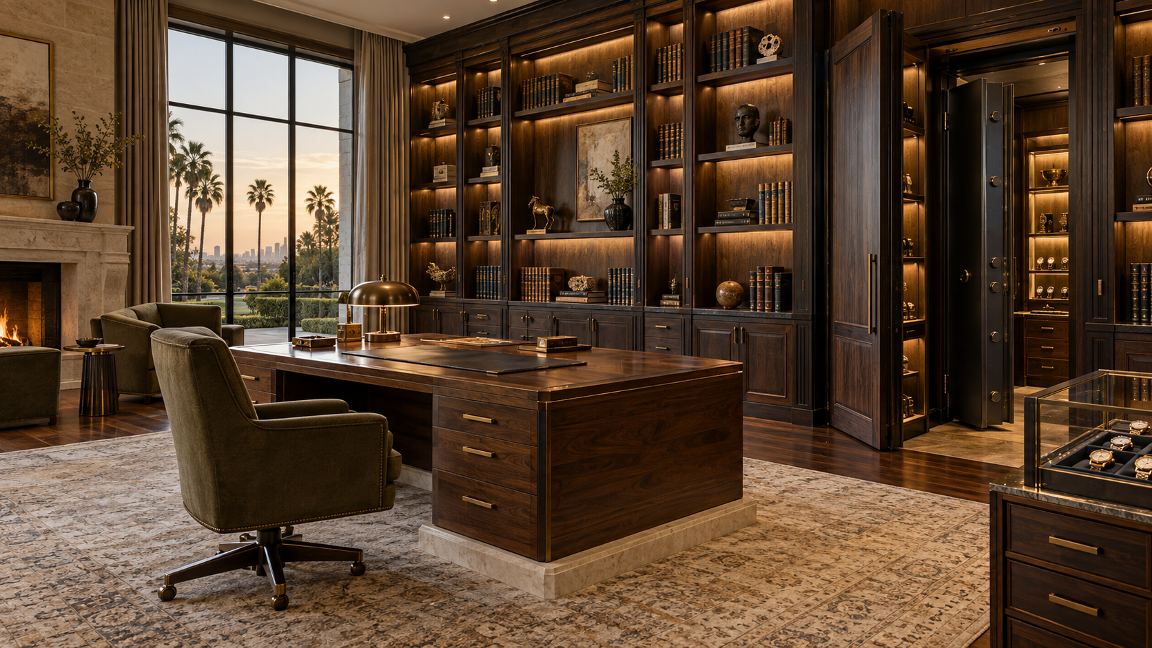 Executive study concept with dark cabinetry and concealed storage