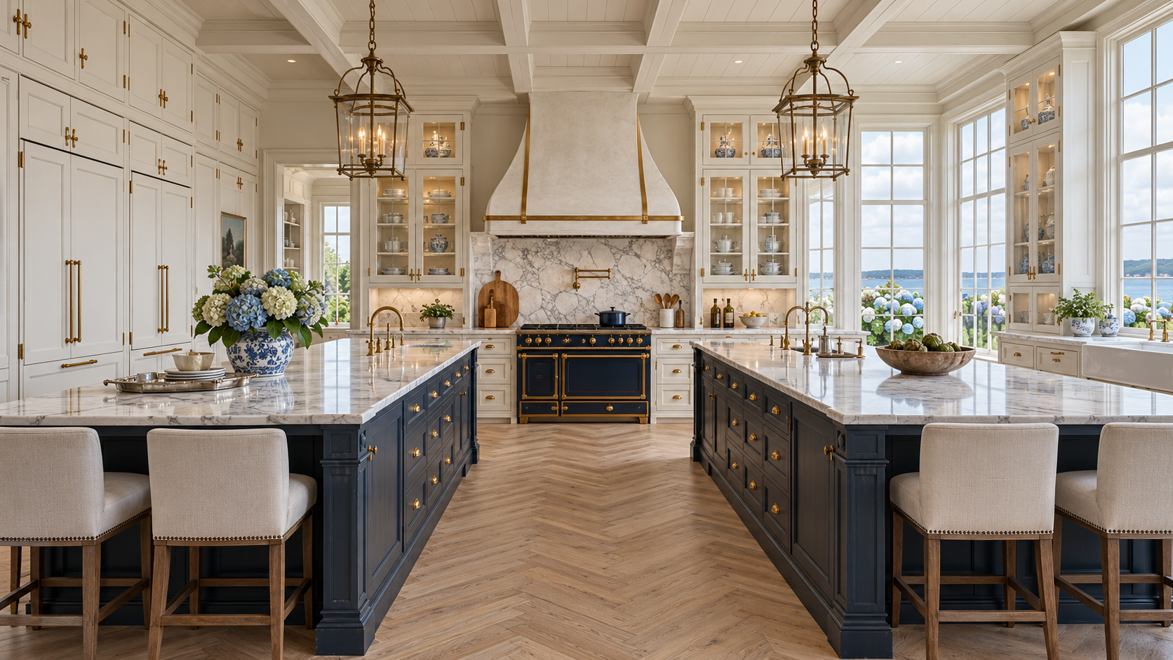 Heirloom kitchen concept with detailed white cabinetry and navy island