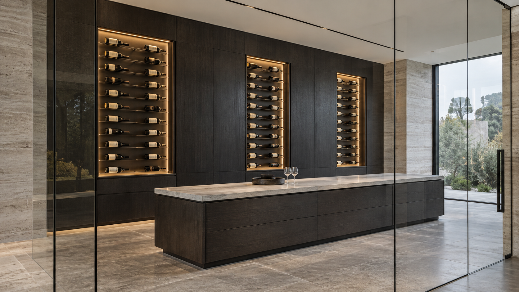 Minimalist glass wine gallery concept with illuminated bottle displays (design concept)