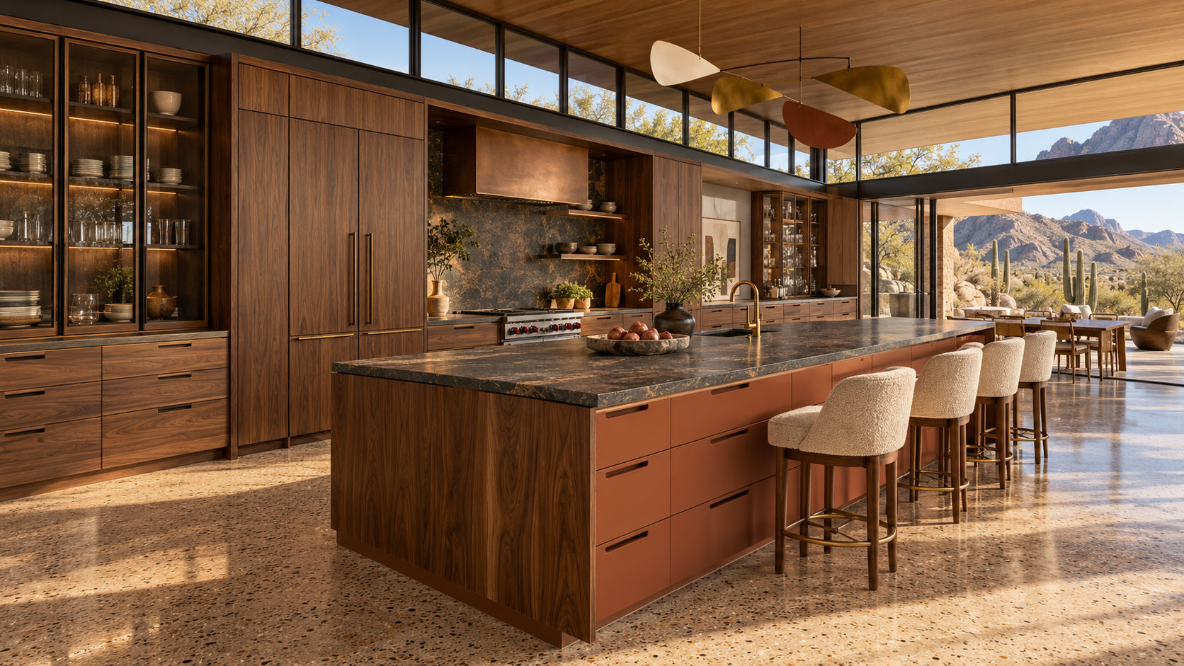 Midcentury kitchen concept with walnut cabinetry and desert views