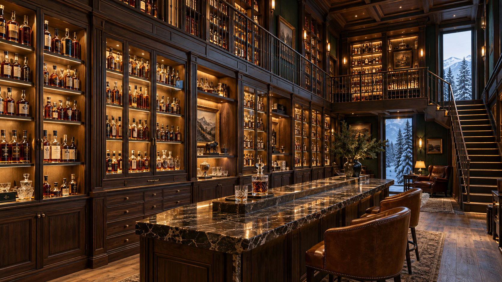Dark wood whiskey library concept with illuminated bottle displays