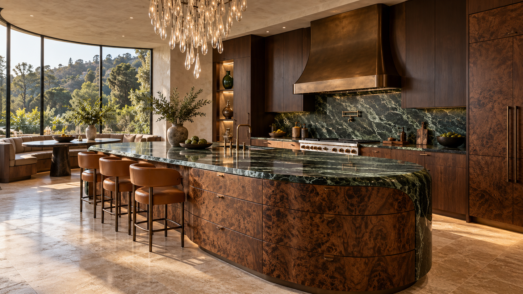 Sculptural kitchen concept with a dramatic stone island and warm wood cabinetry