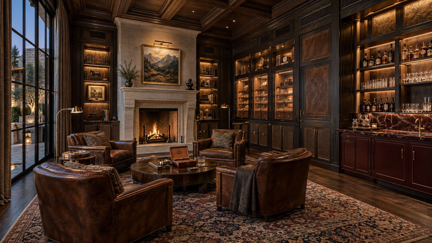Private cigar lounge concept with paneled library walls and fireplace