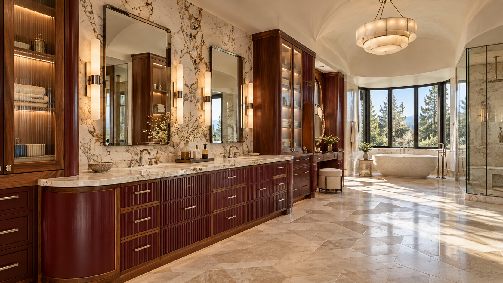 Art Deco primary bathroom concept with burgundy cabinetry