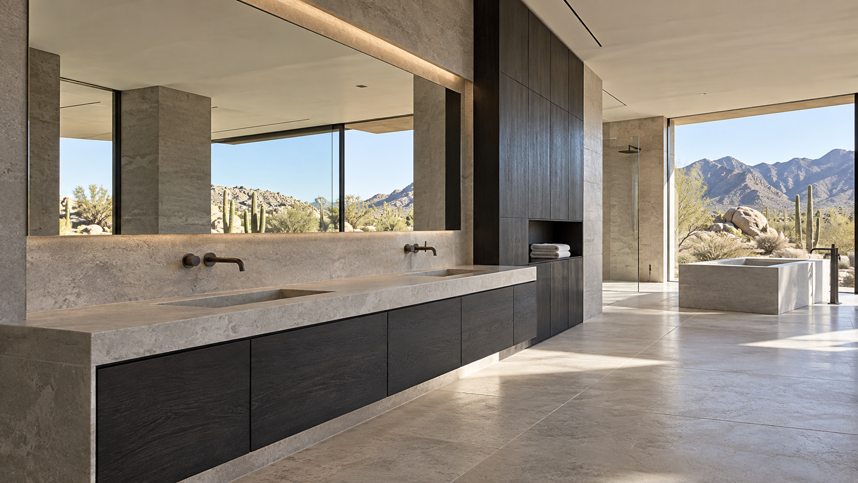 Minimalist spa bath concept with dark oak vanity and desert mountain views