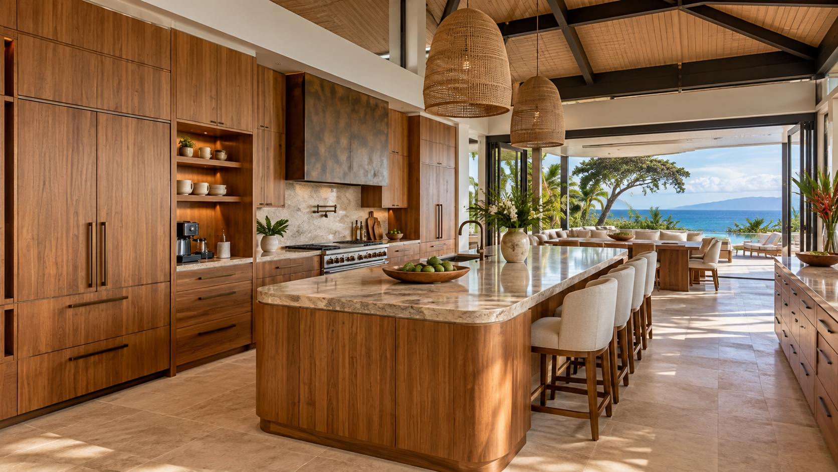 Oceanfront teak kitchen concept opening toward the sea