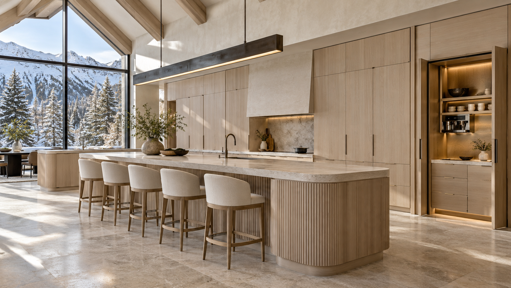 Alpine minimalist kitchen concept with pale cabinetry and mountain views
