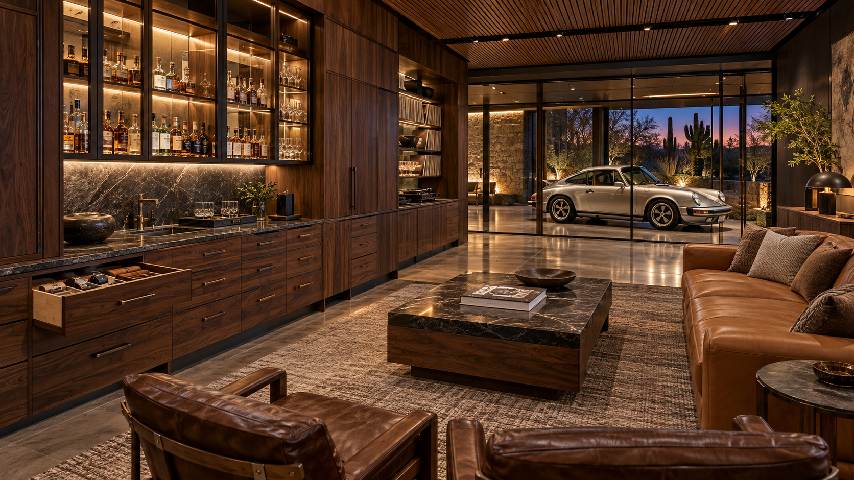 Collector lounge concept with a restored sports car display (design concept)
