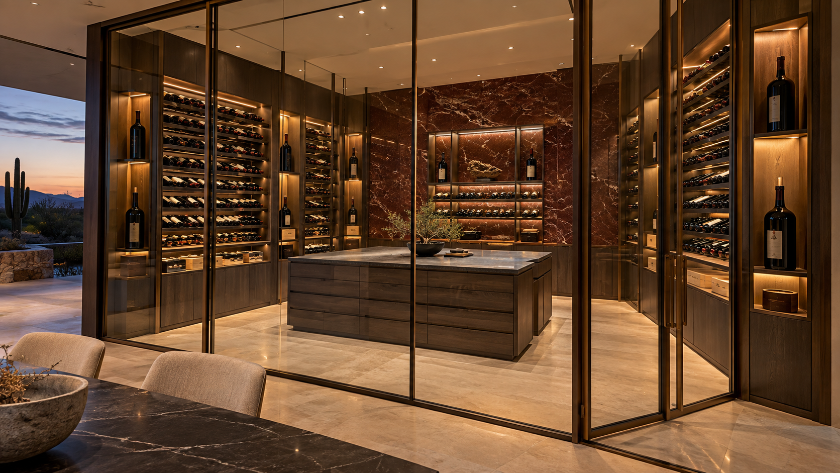 Glass enclosed wine gallery concept overlooking a desert landscape (design concept)